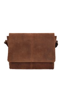 Smeđa kožna torba za dostavljača s preklopnim zatvaračem, teksturiranom površinom, podesivim remenom i suptilnim logotipom na prednjoj strani.