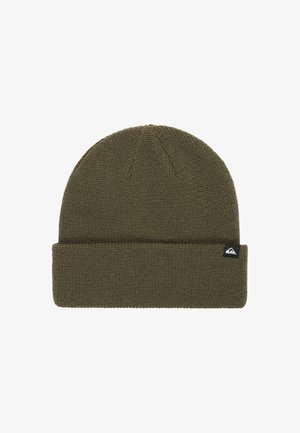 Olive green knitted beanie hat with a folded brim and a small black tag featuring a white logo on the cuff.