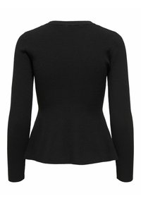 Pull en tricot noir avec manches longues, corsage ajusté et ourlet en peplum. Texture lisse, col ras du cou et sans embellissements visibles.