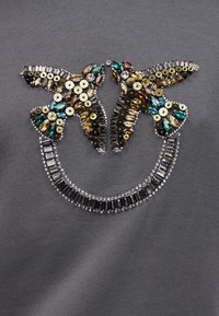 Δύο στολισμένα με πολύτιμους λίθους πουλιά που κοιτάζουν το ένα το άλλο, με ημικύκλιο από ορθογώνιους λίθους από κάτω, όλα πάνω σε σκούρο γκρι ύφασμα.