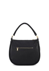 Borsa a mano in pelle nera con forma curvata, manico texturizzato e tasca frontale con zip. Presenta dettagli in hardware color oro.