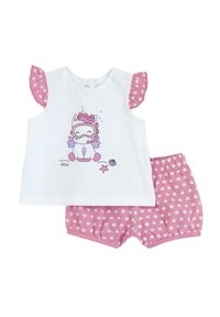 Top in cotone bianco con maniche corte arricciate a pois rosa, con grafica di unicorno. Pantaloni corti rosa con motivo rotondo bianco.