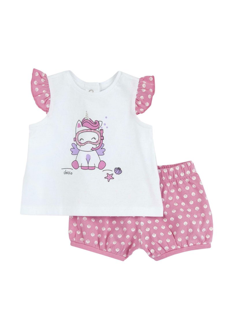 Top in cotone bianco con maniche corte arricciate a pois rosa, con grafica di unicorno. Pantaloni corti rosa con motivo rotondo bianco.