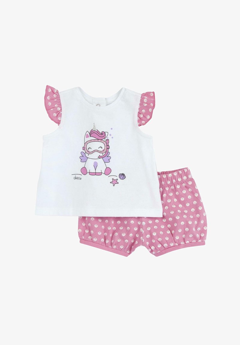 Top in cotone bianco con maniche corte arricciate a pois rosa, con grafica di unicorno. Pantaloni corti rosa con motivo rotondo bianco.