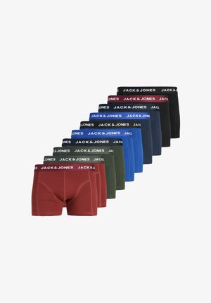 Dieci paia di boxer da uomo in rosso, verde, blu, blu navy, nero e bordeaux con cinturini in vita marchiati "JACK & JONES", disposti a cascata.
