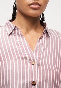 Άτομο που φοράει ροζ και λευκό πουκάμισο με κάθετες ρίγες και κολάρο, εμφανιζόμενο από τους ώμους μέχρι τα χείλη, με λευκό φόντο.