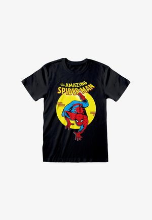 Schwarzes Baumwoll-T-Shirt mit dem Aufdruck "The Amazing Spider-Man". Spider-Man in Rot- und Blautönen vor einem gelben, kreisförmigen Hintergrund.