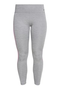 Szare legginsy wykonane z teksturowanej tkaniny, z wysokim stanem i różowymi detalami po bokach. Ich krój jest dopasowany i gładki.