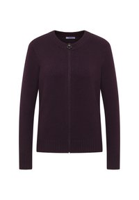 Cardigan zip-up di color viola scuro con polsini e orlo a costine, scollo rotondo e zip con anello metallico, esposto su sfondo bianco.