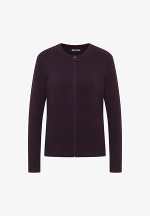 Dunkelviolette Reißverschluss-Strickjacke mit gerippten Bündchen und Saum, rundem Ausschnitt und einem Reißverschluss mit metallischem Ring, auf weißem Hintergrund präsentiert.