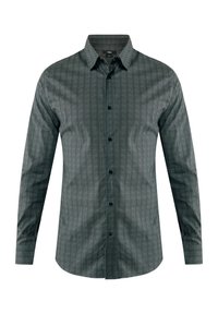 Camicia a maniche lunghe con bottoni di colore verde scuro, caratterizzata da un motivo a spina di pesce, con colletto, bottoni neri e una texture di tessuto liscia.