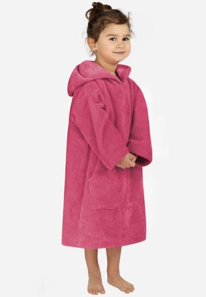 Pink terry cloth bathrobe with a hood, long sleeves, and front pockets, designed for children, knee-length cut, soft texture.