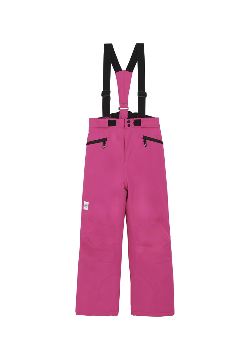Rosa snöbyxor med justerbara svarta hängslen, två fickor med dragkedja och förstärkta knän för ökad hållbarhet. Slät, texturerad tyg.