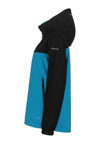 Blå och svart vattentät jacka med huva, med en sidoficka med dragkedja och elastiska ärmslut. Slät textur, sportig design.