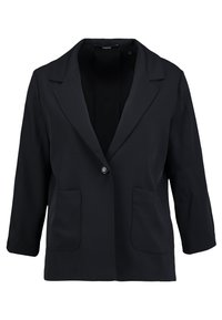 Blazer bleu marine foncé en tissu lisse, muni d'une fermeture à un seul bouton, de revers crantés, de deux poches plaquées à l'avant et de manches trois-quarts.