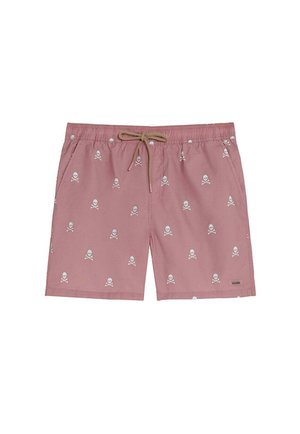 Bañador corto rosa con estampado blanco de calaveras y huesos cruzados, cintura elástica y cordón marrón.