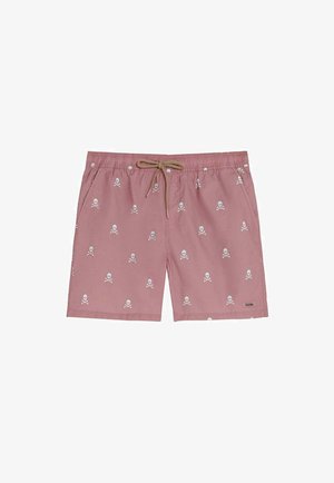 Pantaloni scurți de baie roz cu model alb cu craniu și oase încrucișate, talie elastică și șnur maro pentru legat.