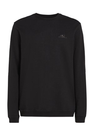 Czarna bluza wykonana z miękkiego materiału, z długimi rękawami, okrągłym dekoltem i małym haftowanym logo na piersi. Prosty design.