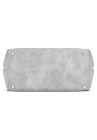Grijze faux suède tasbodem met een gladde textuur, platte vorm en zilveren metalen voeten voor stabiliteit. Geen zichtbare sluitingen of kenmerken aan deze zijde.