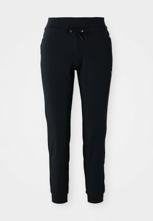 Black jogger pants made of soft fabric with a fitted design, elastic waistband, drawstring closure, and side pockets.