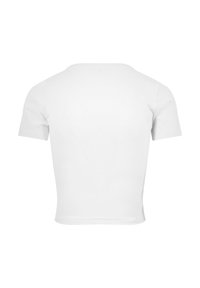 Hvit bomull t-skjorte med korte ermer, rund hals og en tettsittende design. Glatt tekstur og ensfarget uten mønstre eller grafikk.