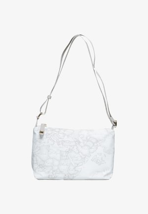 Borsa a spalla bianca con stampa mappa in grigio chiaro, caratterizzata da una forma rettangolare elegante e una tracolla regolabile con dettagli metallici.
