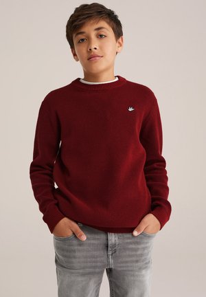Maglione lavorato a maglia rosso con scollatura a girocollo e logo ricamato. Abbinato a jeans grigio chiaro. Il modello è in piedi con le mani nelle tasche.