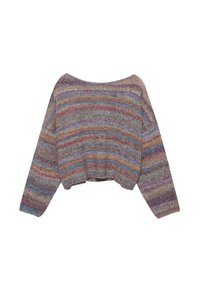 Multicolored cropped sweater made of knitted fabric with horizontal stripes in shades of blue, purple, pink, and beige. Wide, off-shoulder design.