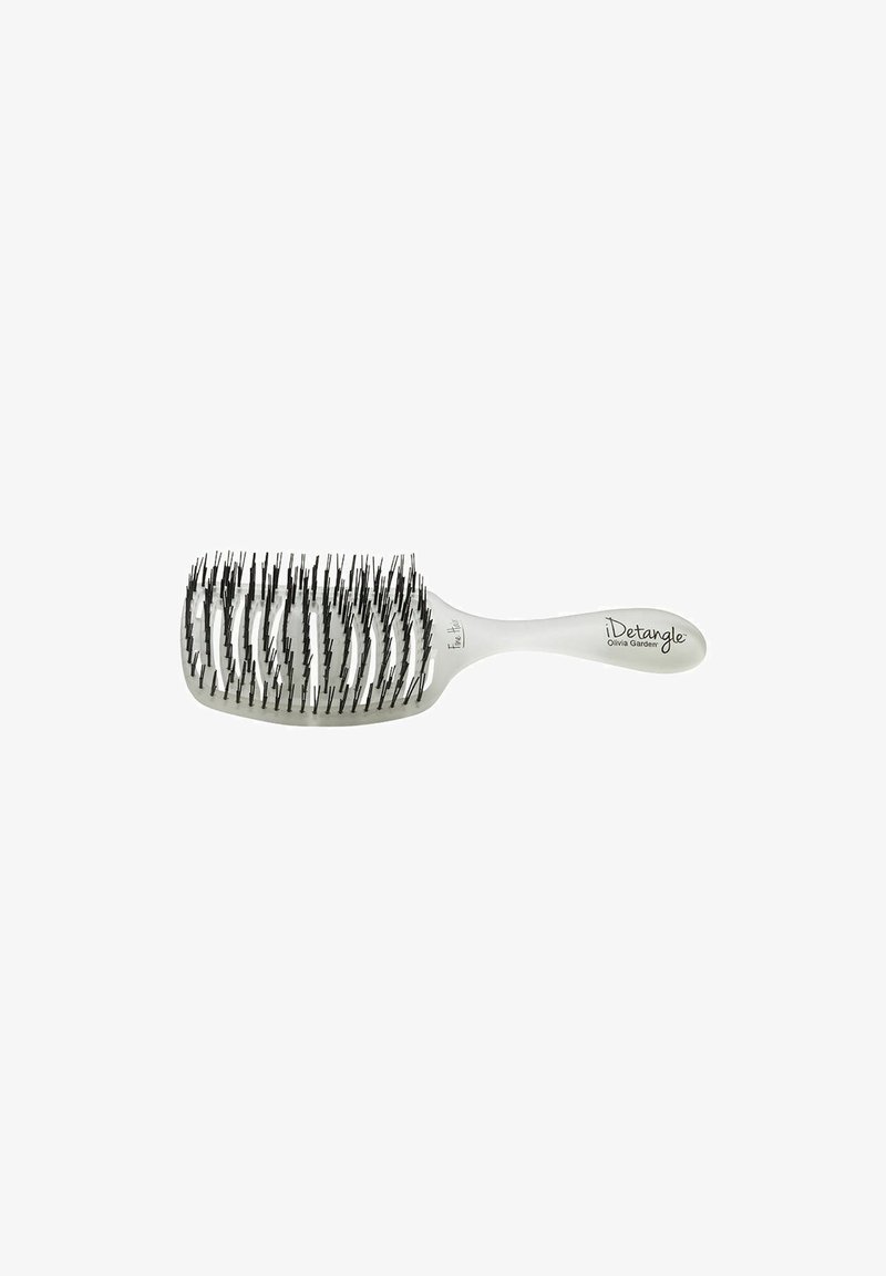 Detangling brush with a white plastic handle and a rectangular barrel. Features black bristles in varying lengths for effective untangling.