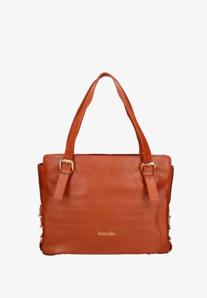 Bruine leren handtas met twee schouderbanden en goudkleurige gespen, centraal vooraan gebrandmerkt met "braccialini".