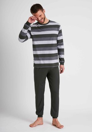 Long-sleeve striped shirt in gray and dark green, paired with dark green pants. Cotton blend, casual fit, and ribbed cuffs.