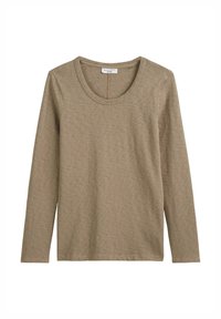 Long-sleeve, crew-neck top in muted olive green. Made from soft, textured fabric with a simple, unembellished design and a relaxed fit.
