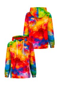 Krāsains t-krekls ar krāsu izplūšanu, kas satur spilgtus sarkanos, dzeltenos, zaļos un zilos toņus, ar priekšējo kabatu un auklu kapuci. Mīksta auduma tekstūra.