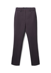 Pantaloni neri su misura di un elegante viola scuro con una texture liscia, dotati di tasche laterali e leggere fessure all'orlo. Design semplice ed elegante.