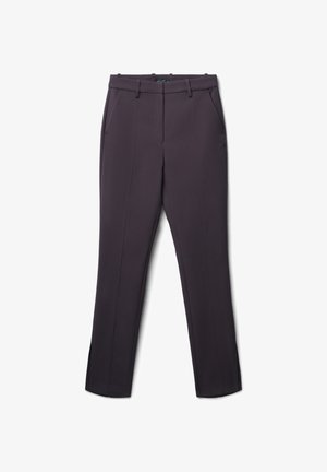 Dark purple tailored trousers with a smooth texture, featuring side pockets and slight slits at the hem. Simple, elegant design.