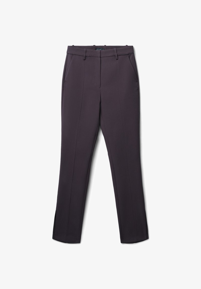 Pantaloni neri su misura di un elegante viola scuro con una texture liscia, dotati di tasche laterali e leggere fessure all'orlo. Design semplice ed elegante.