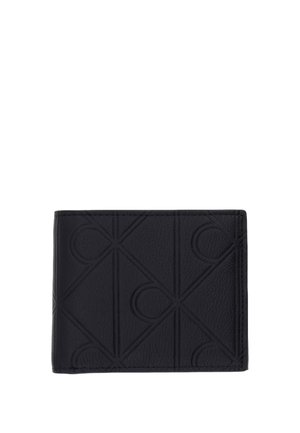 Cartera negra de cuero plegable con patrón geométrico en relieve que presenta líneas que se intersectan y formas circulares.