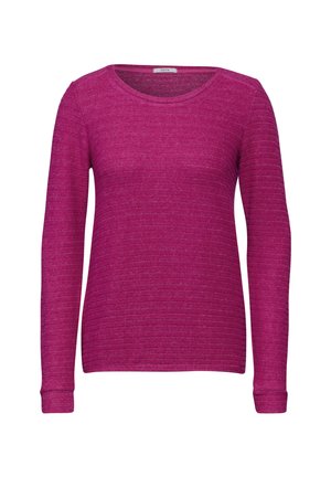 Langärmliges Oberteil in lebhaftem Fuchsia, mit einem strukturierten Streifenmuster, rundem Halsausschnitt und gerippten Bündchen. Hergestellt aus einem weichen, dehnbaren Stoff.