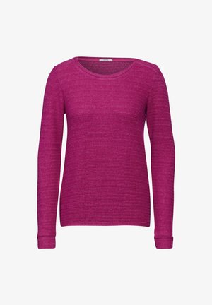 Langärmliges Oberteil in lebhaftem Fuchsia, mit einem strukturierten Streifenmuster, rundem Halsausschnitt und gerippten Bündchen. Hergestellt aus einem weichen, dehnbaren Stoff.