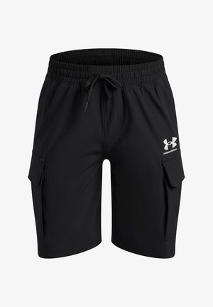 Pantalones cortos cargo negros hechos de tela ligera, con cintura elástica, cordón ajustable y dos bolsillos laterales cargo. Logotipo en la pierna derecha delantera.