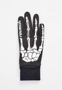 Guantes negros con un diseño de mano esquelética en blanco. Presentan un ajuste cónico y puño elástico en la muñeca. Logo de la marca visible en el costado.