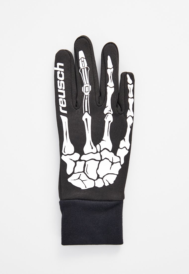 Guantes negros con un diseño de mano esquelética en blanco. Presentan un ajuste cónico y puño elástico en la muñeca. Logo de la marca visible en el costado.