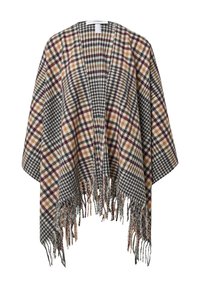 Plisowany poncho w odcieniach szaro-beżowym i burgundowym z frędzlami. Wykonane z miękkiego materiału, posiada otwarty fason i luźny krój.