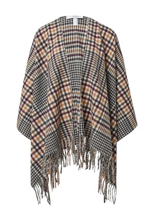 Poncho a quadri in grigio, beige e bordeaux con bordi frangiati. Realizzato in tessuto morbido, presenta un design aperto e una vestibilità ampia.