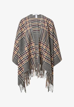 Poncho a quadri in grigio, beige e bordeaux con bordi frangiati. Realizzato in tessuto morbido, presenta un design aperto e una vestibilità ampia.