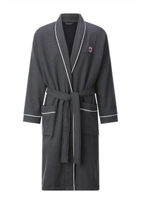 Dunkelgrauer, gestreifter Bademantel mit weißen Akzenten, Wickeldesign, zwei Vordertaschen und passendem Gürtel. Weiche Textur, knielang.