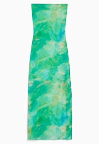 Robe longue sans bretelles avec un corsage ajusté et un motif abstrait aquarelle dans des tons de vert, bleu-vert et des touches de jaune.