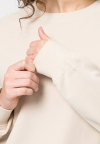 Felpa beige con polsini e colletto a coste, con la scritta "SESTE" ricamata sulla manica. Texture morbida visibile sul tessuto.