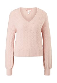 Pull en maille rose clair à manches longues avec col en V, poignets et ourlet côtelés, présentant un motif délicat de style dentelle sur toute la surface.