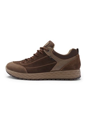 Brown low-top casual sneaker with suede and leather panels, lace-up closure, padded collar, and textured rubber sole.